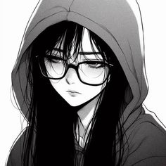 a drawing of a girl with glasses and a hoodie over her head, staring at the camera