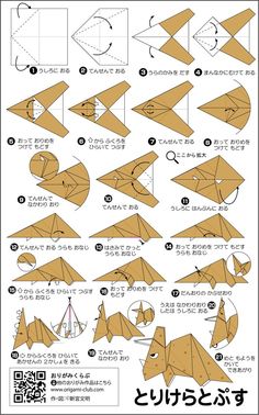 instructions for how to make an origami bird with pictures on the front and side