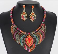 Bohemian Necklace & Earrings Rhinestones on Multicolor Fabric & Gold Tone  Necklace is 17.7-19.7"  Earrings are 2 1/2" Long Bohemian Necklace, Gold Tone Necklace, Necklace Earrings, Jewelry Sets, Beauty Book, Gold Tones, Accessory Gift, Electronic Accessories, Purses And Bags