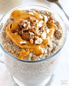 oatmeal with nuts and caramel sauce in a glass bowl