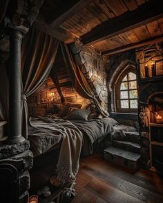 an old fashioned bedroom with stone walls and wooden floors, lit by candlelight from the windows