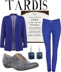 a woman is wearing blue pants and a white t - shirt with the words tardis on