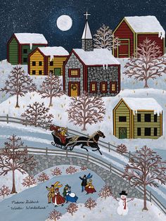 a painting of people riding in a sleigh on a snowy day with houses and trees