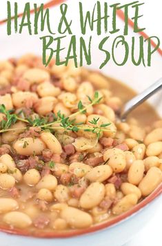 ham and white bean soup in a bowl with a spoon