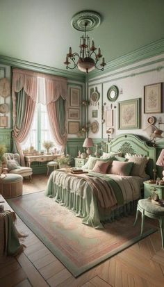 the bedroom is decorated in pastel green and pink tones, with an ornate chandelier hanging from the ceiling