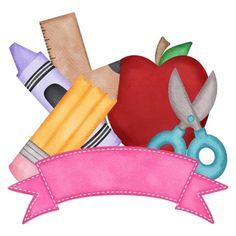 an apple, pencils, crayons, scissors and other school supplies with a pink ribbon