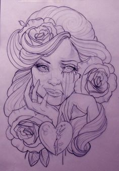 a drawing of a woman with roses in her hair