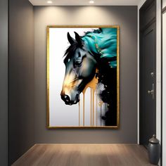 a horse painting hanging on the wall in an empty room with wood flooring and gray walls