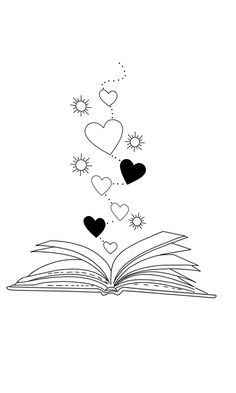 an open book with hearts flying out of it and stars coming out of the pages