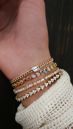 14kt yellow gold rainbow sapphire heart bezel tennis bracelet on adjustable 6.5 - 7 inch chain *rainbow sapphires going all the way around Luna Skye, Rainbow Sapphires, Gold Topaz, Jewelry Accessories Ideas, Diamond Tennis Bracelet, Dope Jewelry, Classy Jewelry, Stacked Jewelry