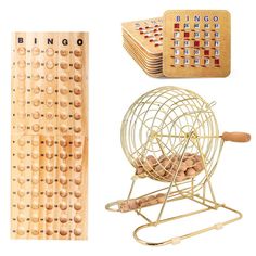 a wooden board game and some other items