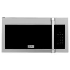 a stainless steel microwave oven with the door open and its electronic controls on it's side