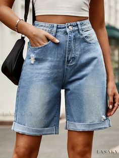 Lasaky - Womens Blue Rolled Hem Denim Bermuda Shorts with Ripped Holes and Straight Legs - Trendy Denim Jeans and Clothing Clean Outfit Ideas, Daily Casual Outfits, Christmas Sweatshirt Ideas, Casual Outfits Dress, Clean Outfit, 9to5chic Outfits, Concert Look, Look 2023, Long Denim Shorts