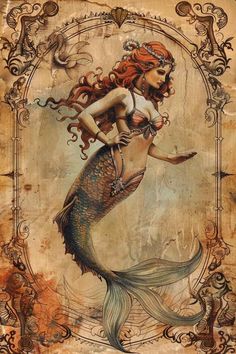 a painting of a mermaid with red hair