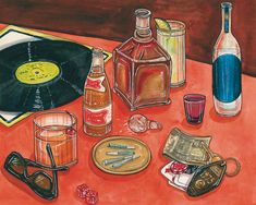 a painting of an old fashioned record player and other items on a table with drinks