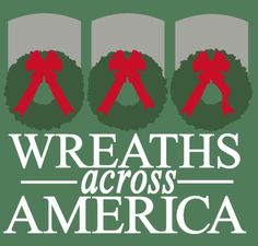 the wreaths across america logo is shown in red and green, with bows on them