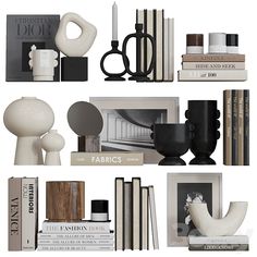 books, vases and other decorative items are arranged on a white shelf with black accents