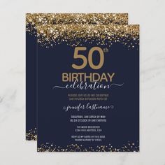 the 50th birthday party card with gold glitter