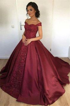 Appliques Lace Off-the-Shoulder Ball-Gown Burgundy Evening Dress | Newarrivaldress.com Prom Season Ball Gown With Detachable Train, Floor-length Ball Gown With Detachable Train For Prom, Off-shoulder Wedding Dress With Detachable Train, Off-shoulder Ball Gown With Fitted Bodice For Banquet, Off-shoulder Evening Dress With Detachable Train For Wedding, Red Off-shoulder Evening Dress For Weddings, Fitted Off-shoulder Ball Gown For Banquet, Off-shoulder Gown For Wedding And Prom Season, Off-shoulder Prom Gown With Detachable Train