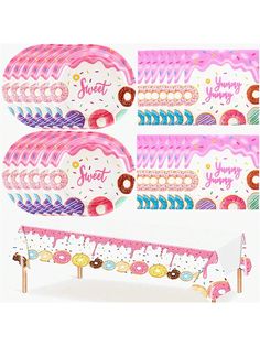 two pink and white plates with donuts on them next to a table cloth that says sweet