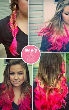 DIP DYED PASTEL COLORED HAIR-  Temporary color or dyed extensions. Here is a do-it-yourself guide.  Pink pastel color Diy Hair Dye, Pink Dip Dye, Dip Dye Hair, Dye Hair, Hair Chalk, Dip Dyed, Kool Aid, Hair Envy, Dip Dye