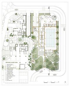 an architectural drawing shows the ground plan for a building with several courtyards and trees