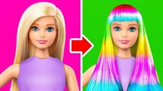 two barbie dolls side by side with the same hair color and one is pink, green,