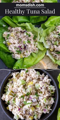 tuna salad in lettuce leaves on a black plate with text overlay that reads healthy tuna salad