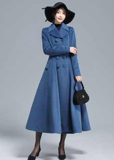 Full Length Winter Outerwear With Pockets, Long Winter Pea Coat With Button Closure, Blue Wool Coat With Buttons For Winter, Winter Long Sweater Coat With Buttons, Frocks Style, Elegant Blue Wool Coat, Elegant Long Sleeve Blue Wool Coat, Vintage Blue Hooded Winter Jacket, Vintage Blue Long Sleeve Hooded Jacket