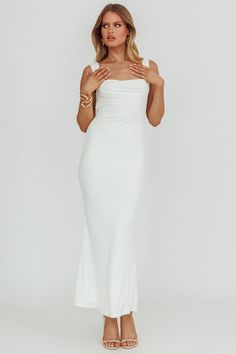 Shop the Annabel Bodycon Maxi Dress White | Selfie Leslie Fitted Tie Back Maxi Dress For Bridesmaid, Fitted Tie-back Maxi Dress For Bridesmaid, Chic Fitted Maxi Dress With Mermaid Hem, Fitted Maxi Dress With Ruched Back For Gala, Fitted Backless Bodycon Dress For Wedding, Elegant Stretch Maxi Dress With Ruched Back, Elegant Maxi Dress With Ruched Back For Prom, White Fitted Maxi Dress With Ruched Back, Fitted Long Backless Dress With Tie Back