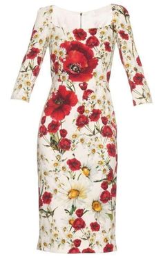 Dolce & GabbanaDaisy and Poppy Print Silk Blend Dress - Runway Catalog Poppy Print Dress, Gaun Koktail, Daisy Print Dress, White Fitted Dress, White Print Dress, Crepe Midi Dress, Three Quarter Sleeve Dresses, White Cocktail, Mid Calf Dresses