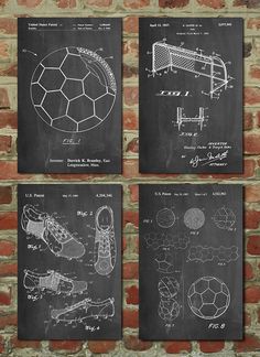 three black and white drawings of soccer equipment on a brick wall in front of a brick wall