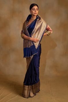 Royal blue mashru silk banarasi saree with geometric and floral handcrafted pattern. Comes with an unstitched blouse. - Aza Fashions Blue Banarasi Saree Look, Lehanga Saree, Royal Blue Saree, Sarees Banarasi, Blue Silk Saree, Royal Blue Blouse, Wedding Sari, Saree For Women, Blue Saree