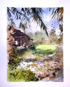 a watercolor painting of a house in the distance with trees and grass around it