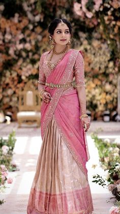 Half Saree Ideas For Engagement, Half Saree Lehenga For Wedding, Light Pink Half Sarees, Engagement Langa Voni, Simple Lehengas Indian, Saree Styles For Wedding Function, Peach Half Saree, Crop Top Lehenga For Reception, South Indian Saree Lehenga