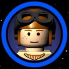 a lego character with goggles and a space suit in front of a blue circle