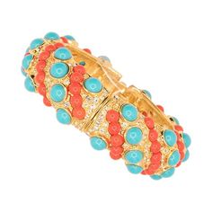 Product Description: This bright and fun bangle will dress up any wrist any day. t is a gold hinged bracelet with bold coral and turquoise cabochons and dazzling pave crystals. Wear alone or stack with other bangles.    Dimensions: 3/4" wide, 2 1/2" inside diameter ﻿Style Number: ﻿3860BTC Latest Bracelets, Coral Bracelet, Vintage Bangles, Freshwater Pearl Bracelet, Coral Jewelry, Hinged Bracelet, Rhinestone Bracelet, Hinged Bangle, Coral Turquoise