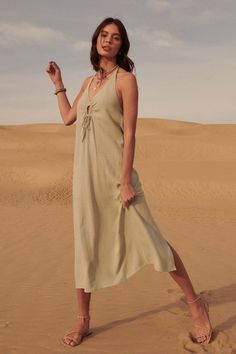 Summer Wind Keyhole Halter Midi Dress - ShopPromesa Halter Dresses, Summer Wind, Halter Midi Dress, Midi Dress Summer, Halter Neckline, Deep V, Pretty Dresses, Ankle Length, Linen Blend