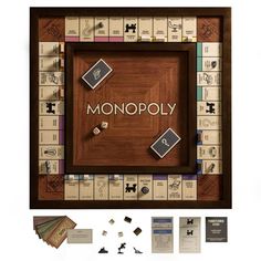 the monopoly board game is shown with its contents