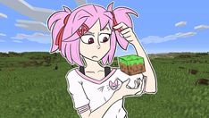 a girl with pink hair holding a block of chocolate