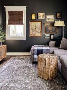 a living room filled with furniture and pictures on the wall next to a rug covered coffee table