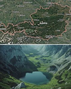 there are two pictures that show mountains and lakes in the same region, one is green