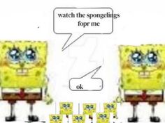 the spongebob is sitting in front of some boxes with their faces drawn on them