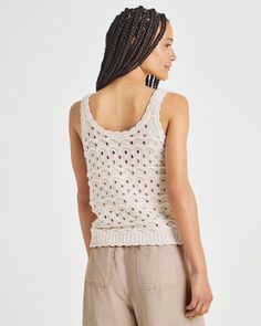 The elevated Lowen Sweater Tank is made with a stunning pointelle stitch pattern and scalloped edges to add a touch of texture to summertime looks. And its cotton fabrication means its breathable enough for sunny days. Cotton Scoop neck Open pointelle stitch Scalloped trim Spring Cotton Top With Scalloped Edges, Cotton Tops With Scalloped Edges For Spring, Spring Knit Tops With Scalloped Edges, Textured Knit Crochet Top For Summer, Casual Summer Tops With Scalloped Edges, Casual Tops With Scalloped Edges For Summer, Summer Cotton Tops With Scalloped Edges, Spring Cotton Crochet Top With Open Knit, Textured Cotton Crochet Top