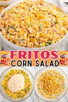 corn salad in a white bowl with three pictures showing how to make it