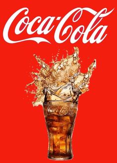 an advertisement for the coca cola company with splashing liquid in a glass on a red background