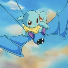 a cartoon character flying through the air with a pokemon stuffed animal in his arms and eyes