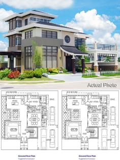 two story house plan with attached garage and living room