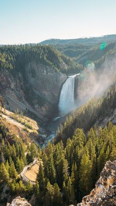 a waterfall in the middle of a forest filled with trees