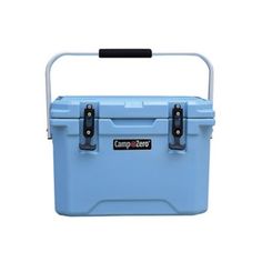 a blue cooler with black handles and handlebars on the top is sitting in front of a white background